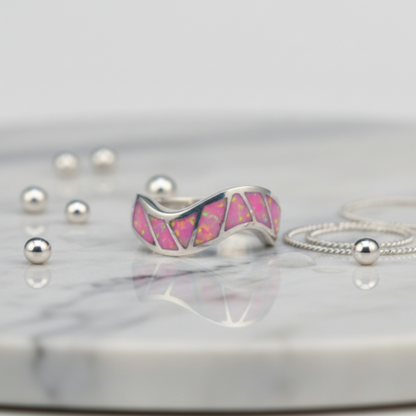“Pink Fire Inlay Wave Band"– 925 Silver Radiant Flow Edition