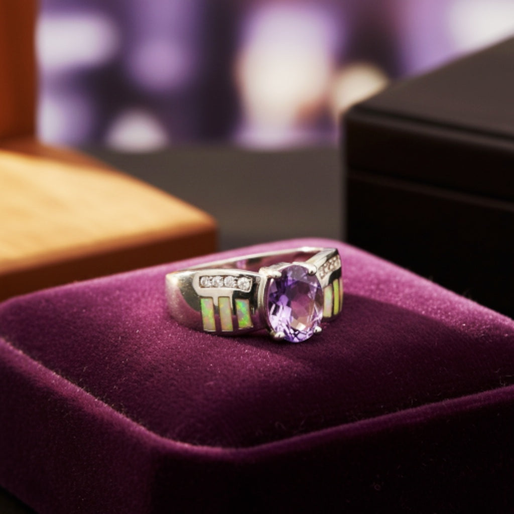 “Amethyst Nova Inlay Ring"  – 925 Silver with Opal & CZ Accents
