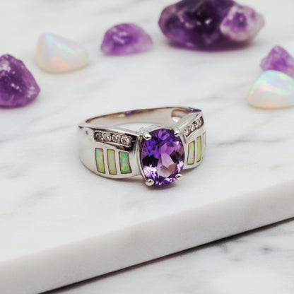 “Amethyst Nova Inlay Ring"  – 925 Silver with Opal & CZ Accents