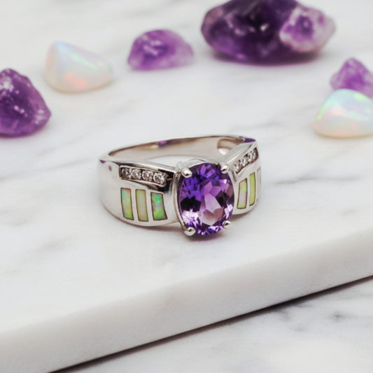 “Amethyst Nova Inlay Ring"  – 925 Silver with Opal & CZ Accents