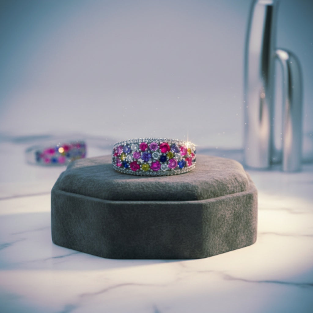 “Prism Burst Gemstone Band" – Multicolor 925 Silver Ring