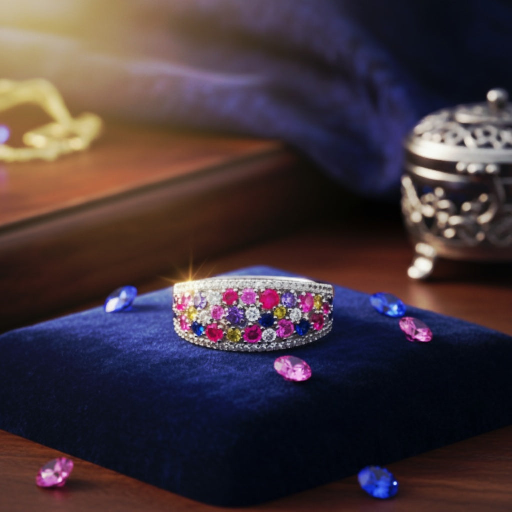“Prism Burst Gemstone Band" – Multicolor 925 Silver Ring
