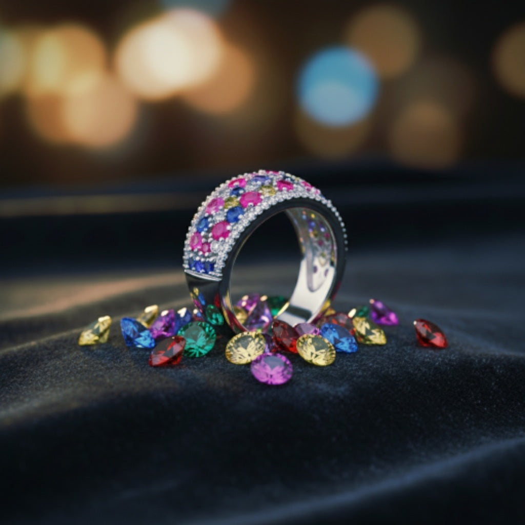 “Prism Burst Gemstone Band" – Multicolor 925 Silver Ring