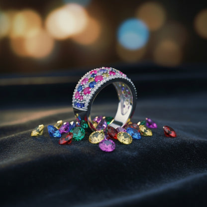 “Prism Burst Gemstone Band" – Multicolor 925 Silver Ring