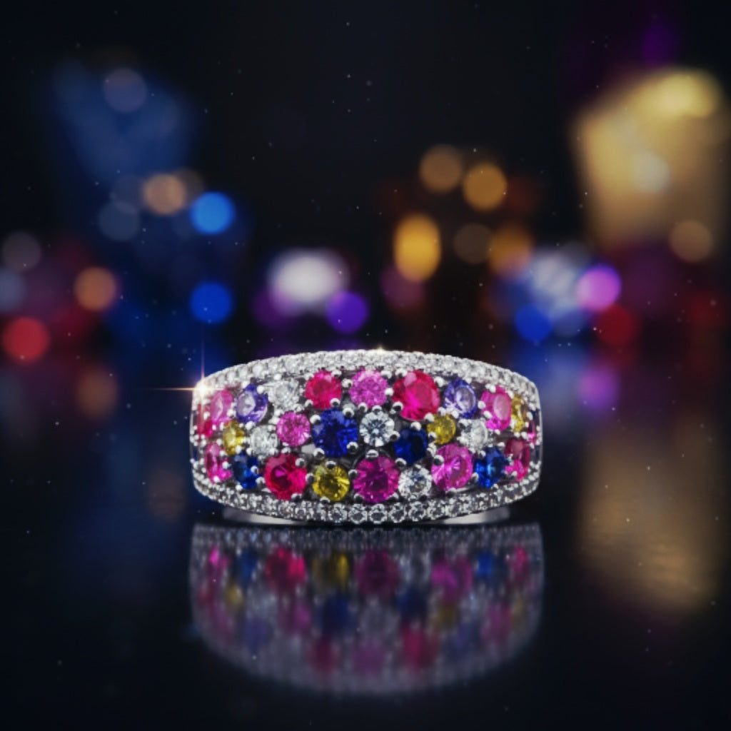 “Prism Burst Gemstone Band" – Multicolor 925 Silver Ring