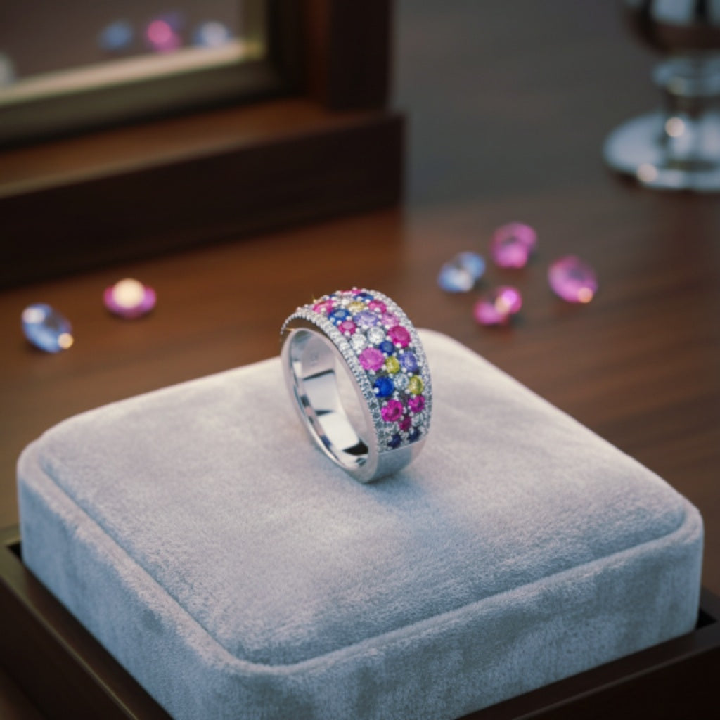“Prism Burst Gemstone Band" – Multicolor 925 Silver Ring