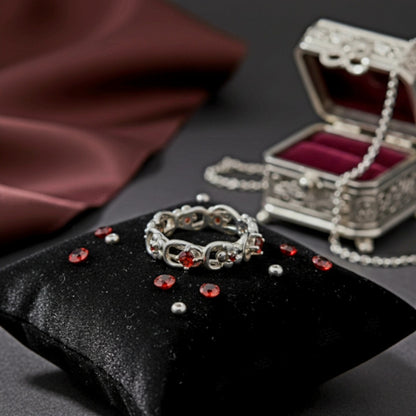 “Crimson Bloom Vintage Eternity Ring" – Floral Red Gemstone Band by Illuzion Jewelry