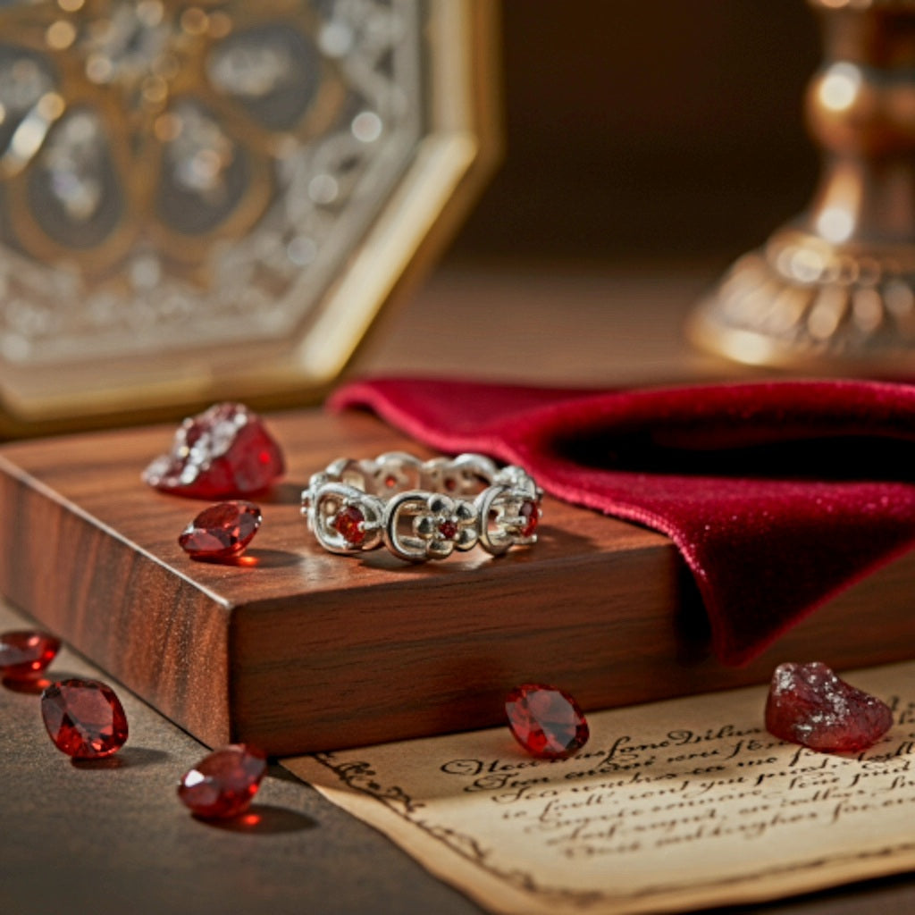 “Crimson Bloom Vintage Eternity Ring" – Floral Red Gemstone Band by Illuzion Jewelry