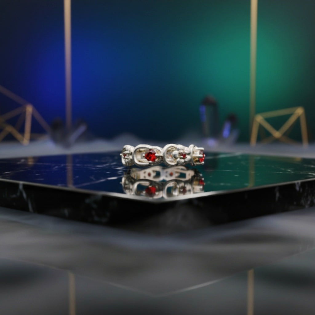 “Crimson Bloom Vintage Eternity Ring" – Floral Red Gemstone Band by Illuzion Jewelry