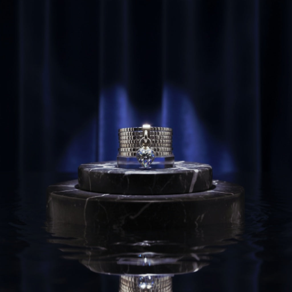 “Silver Heart Charm Statement Band" – Modern Sparkle Ring by Illuzion Jewelry