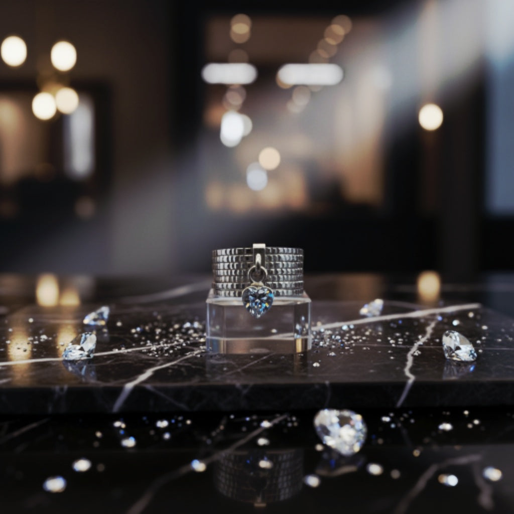 “Silver Heart Charm Statement Band" – Modern Sparkle Ring by Illuzion Jewelry