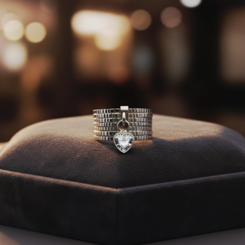 “Silver Heart Charm Statement Band" – Modern Sparkle Ring by Illuzion Jewelry