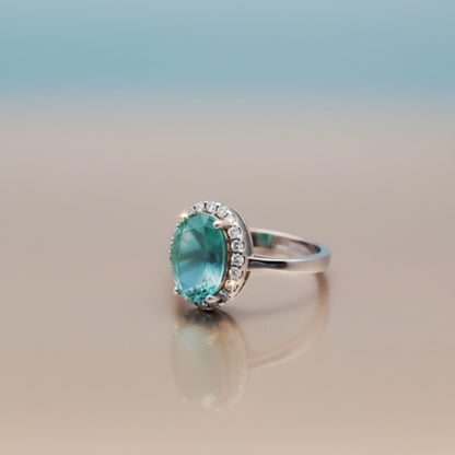 "Aqua Halo Dream Ring" – 925 Sterling Silver Oval Gemstone Glow