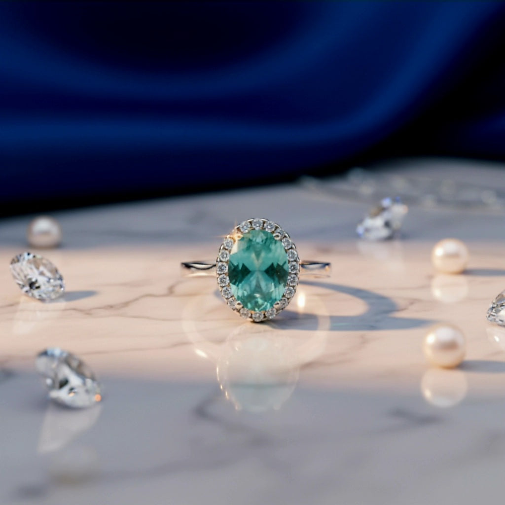 "Aqua Halo Dream Ring" – 925 Sterling Silver Oval Gemstone Glow
