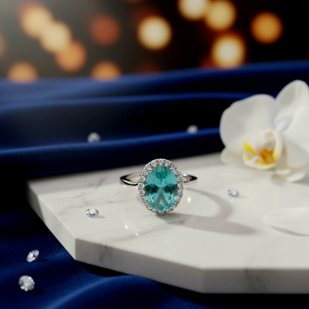 "Aqua Halo Dream Ring" – 925 Sterling Silver Oval Gemstone Glow