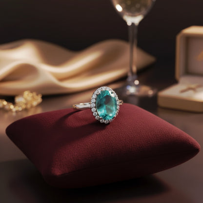 "Aqua Halo Dream Ring" – 925 Sterling Silver Oval Gemstone Glow