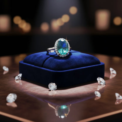 "Aqua Halo Dream Ring" – 925 Sterling Silver Oval Gemstone Glow
