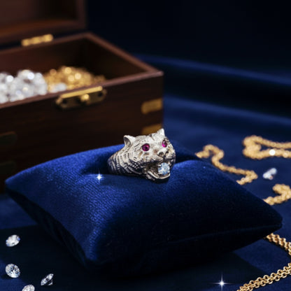 "Tiger Guardian Ring" – Fierce 925 Silver with Ruby Eyes & Ice Bite