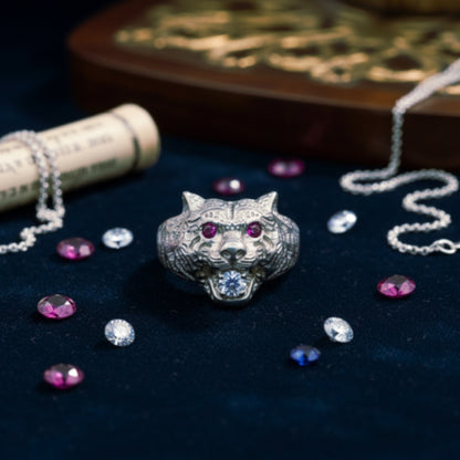 "Tiger Guardian Ring" – Fierce 925 Silver with Ruby Eyes & Ice Bite
