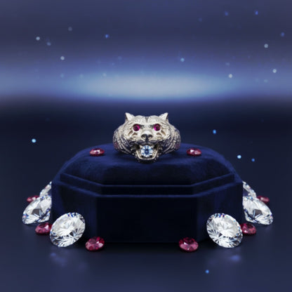 "Tiger Guardian Ring" – Fierce 925 Silver with Ruby Eyes & Ice Bite