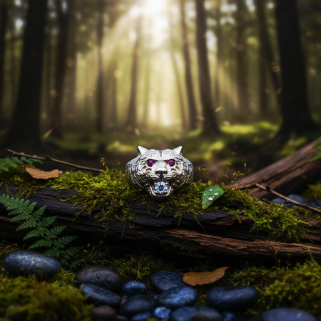"Tiger Guardian Ring" – Fierce 925 Silver with Ruby Eyes & Ice Bite