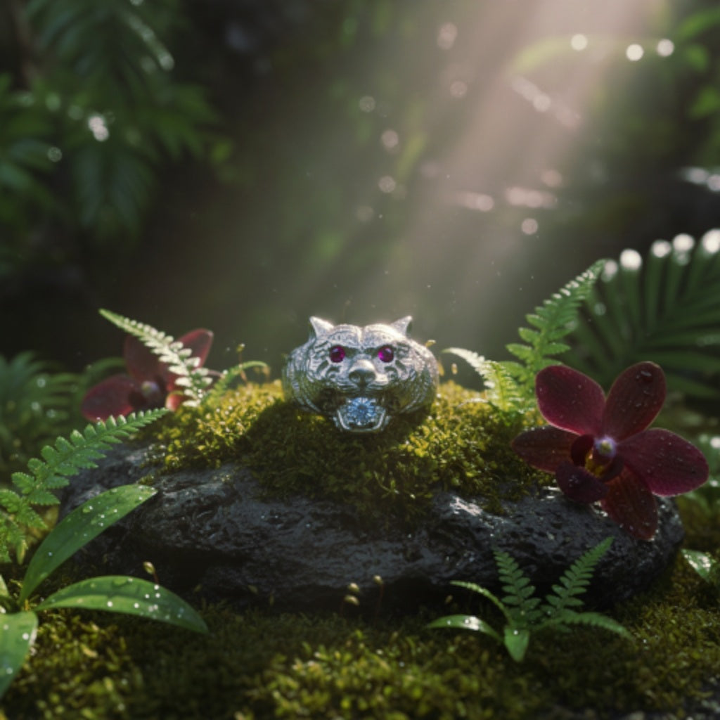 "Tiger Guardian Ring" – Fierce 925 Silver with Ruby Eyes & Ice Bite