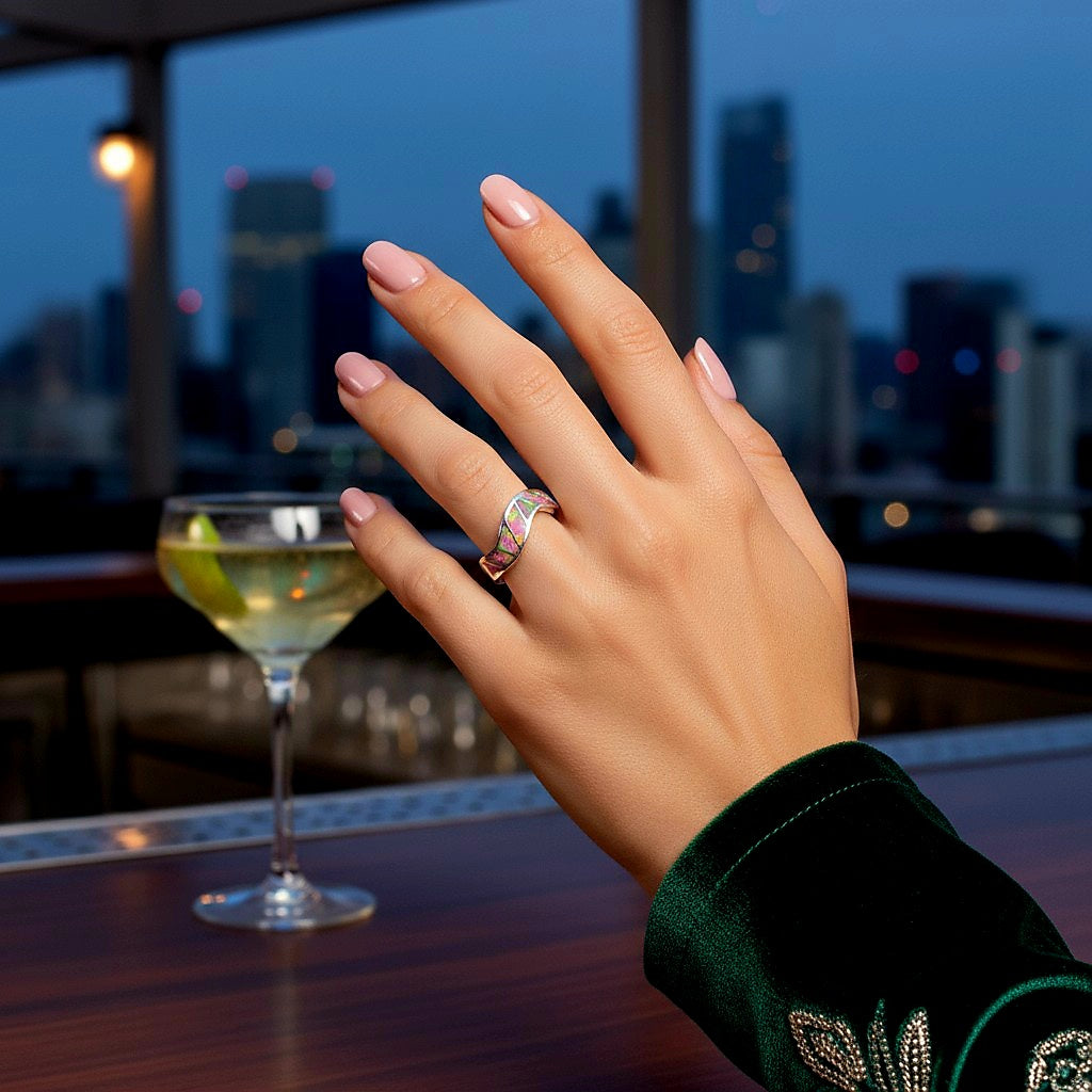 “Pink Fire Inlay Wave Band"– 925 Silver Radiant Flow Edition