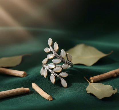 Mother-of-Pearl Olive Leaf Ring – 925 Sterling Silver Nature Wrap