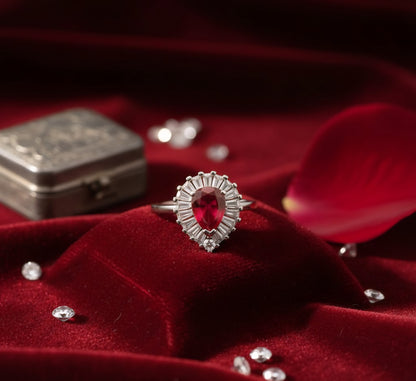 “Royal Flame Halo Ring" – Pear-Cut Red Gemstone & Baguette Crown by Illuzion Jewelry