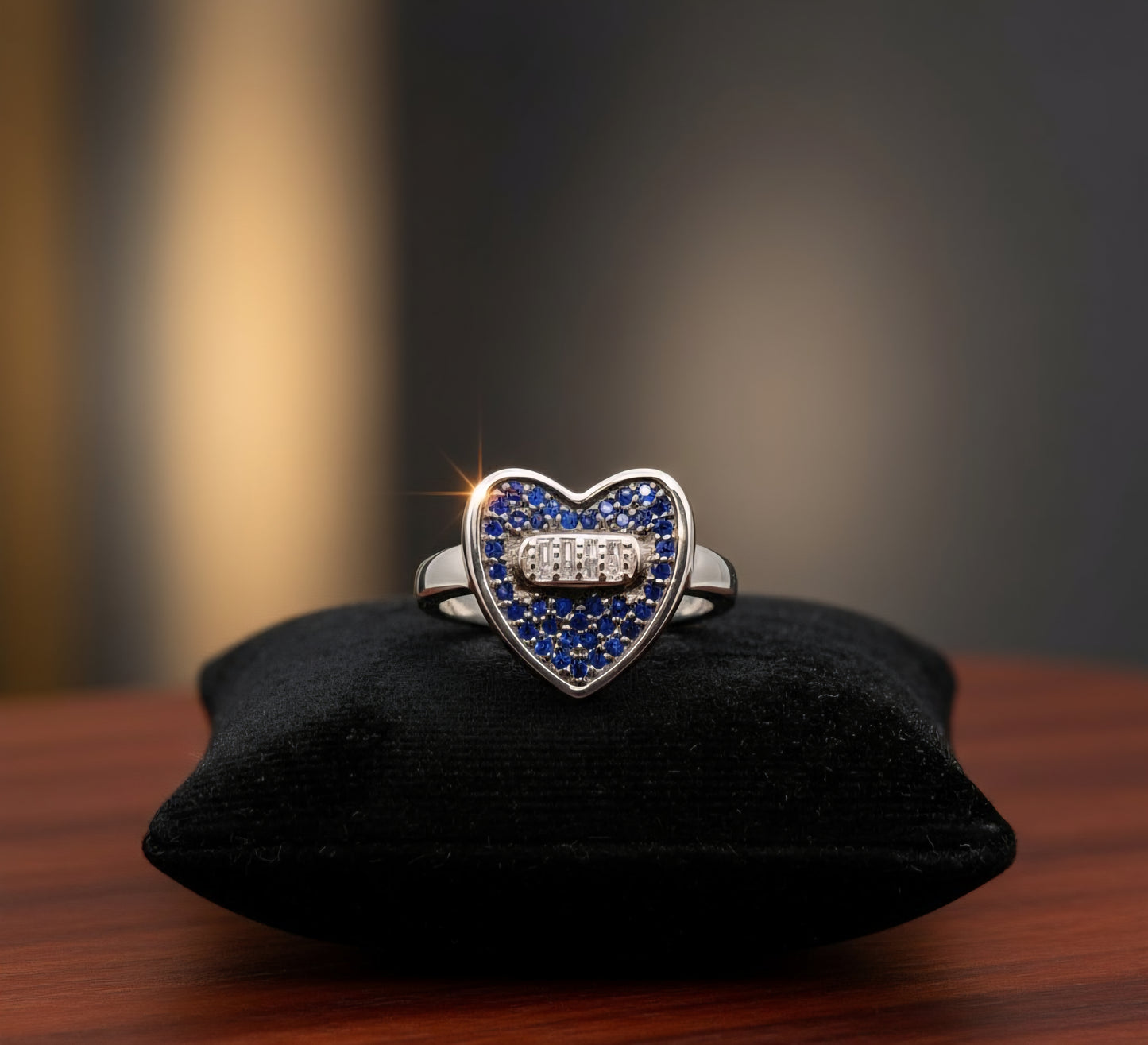 Sapphire Blue Heart Pave Ring with Baguette Accent – 925 Sterling Silver
