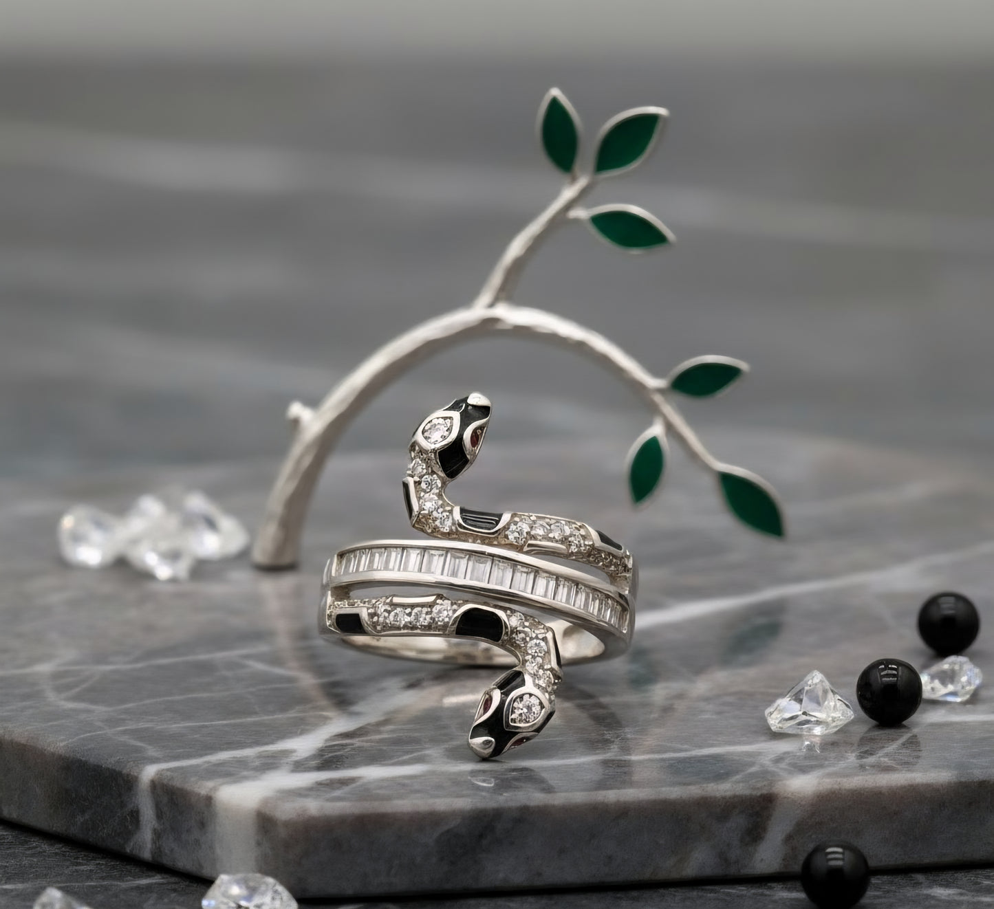 Serpent Luxe Wrap Ring – 925 Sterling Silver, Black Enamel & Pavé Stones