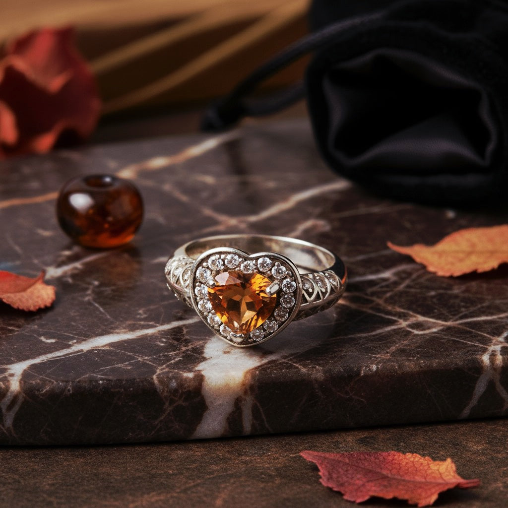 “Golden Heart Halo Ring" – Warm Citrine Glow in 925 Silver Filigree