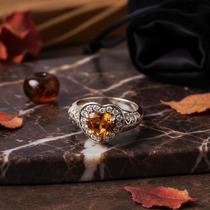 “Golden Heart Halo Ring" – Warm Citrine Glow in 925 Silver Filigree