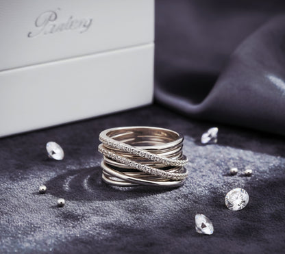 “Luxe Criss-Cross Starlight Ring"  – Multi-Band Radiance in 925 Silver