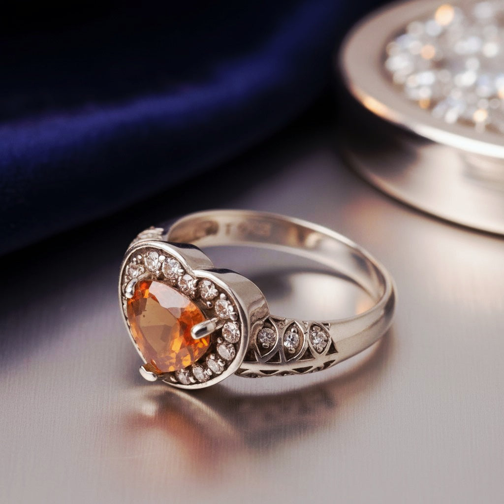 “Golden Heart Halo Ring" – Warm Citrine Glow in 925 Silver Filigree