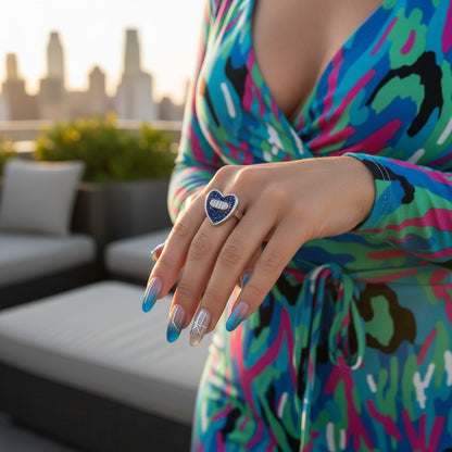 Sapphire Blue Heart Pave Ring with Baguette Accent – 925 Sterling Silver