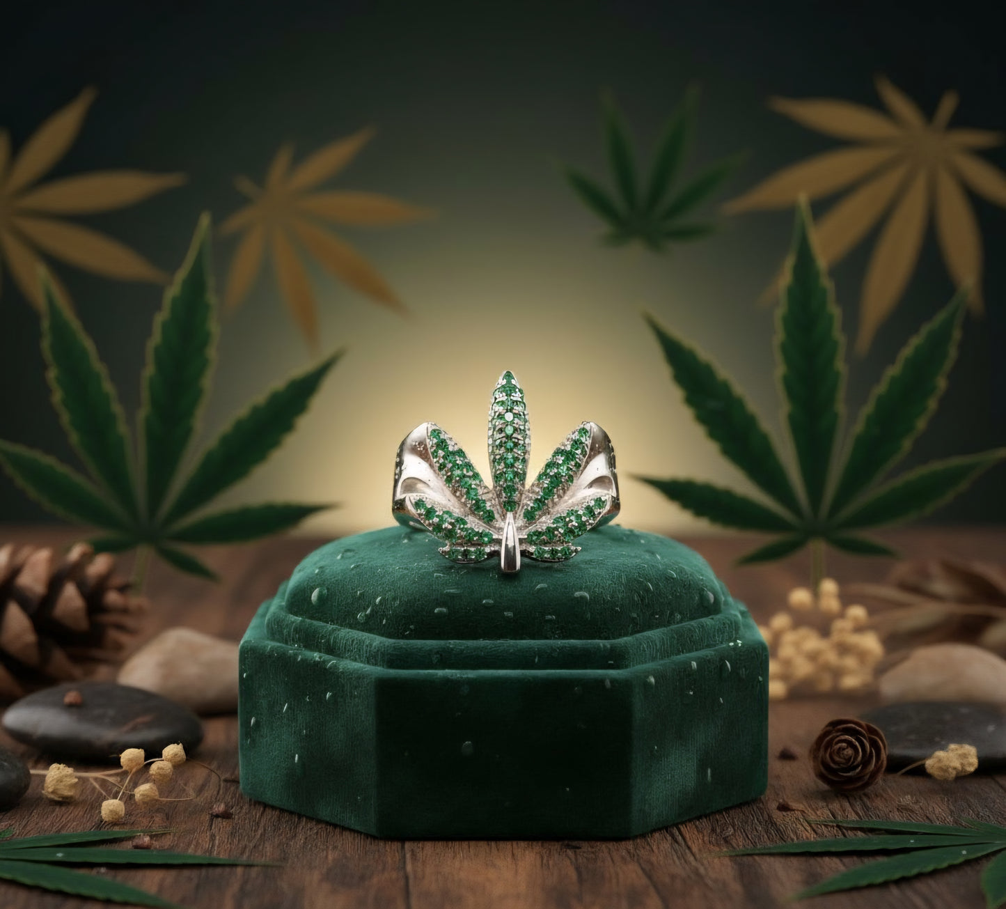 Emerald Aura Leaf Ring - 925 Sterling Silver