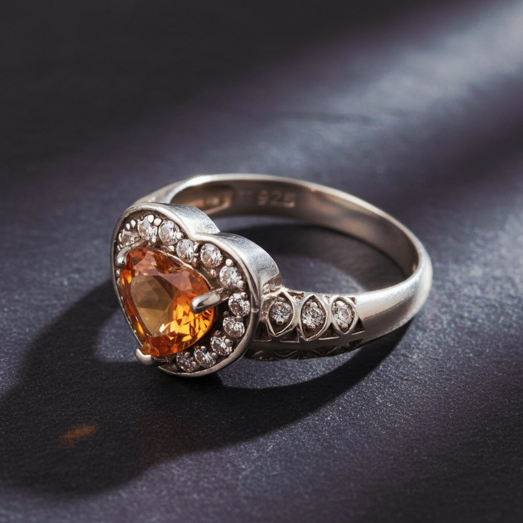 “Golden Heart Halo Ring" – Warm Citrine Glow in 925 Silver Filigree