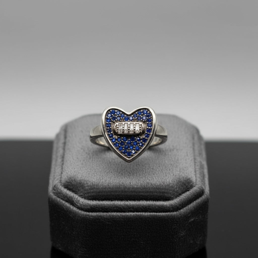 Sapphire Blue Heart Pave Ring with Baguette Accent – 925 Sterling Silver