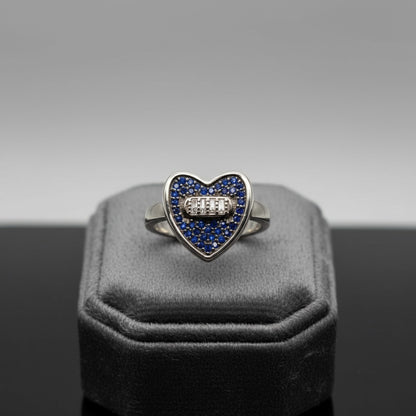 Sapphire Blue Heart Pave Ring with Baguette Accent – 925 Sterling Silver