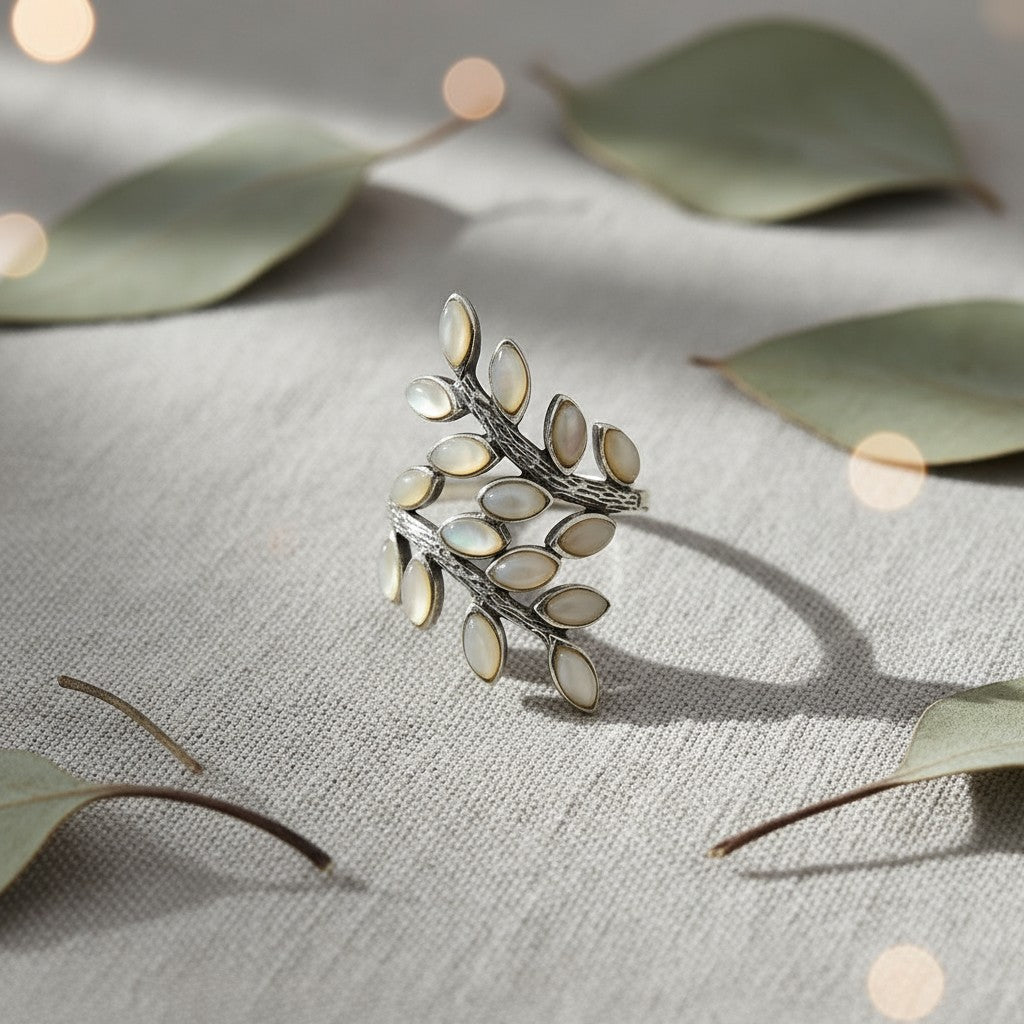 Mother-of-Pearl Olive Leaf Ring – 925 Sterling Silver Nature Wrap