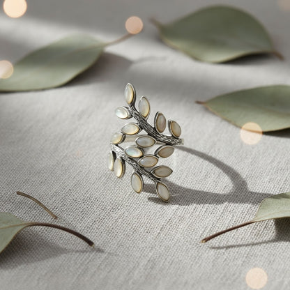 Mother-of-Pearl Olive Leaf Ring – 925 Sterling Silver Nature Wrap