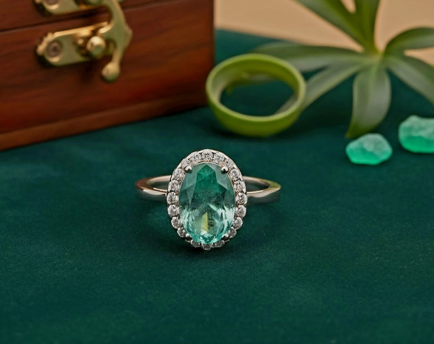 "Aqua Halo Dream Ring" – 925 Sterling Silver Oval Gemstone Glow
