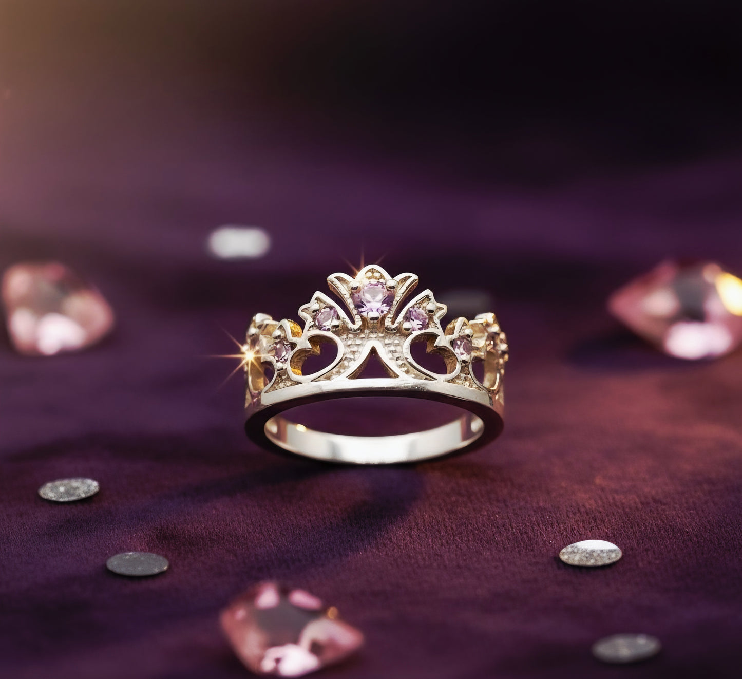 “Princess Tiara Crown Ring" – 925 Silver & Lavender Gemstone Royal Cut