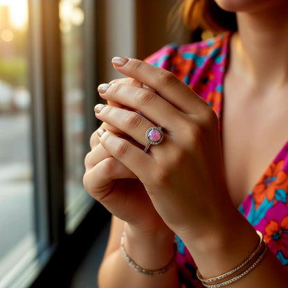 “Starlit Pink Opal Halo Ring" – 925 Silver Cosmic Glow Edition