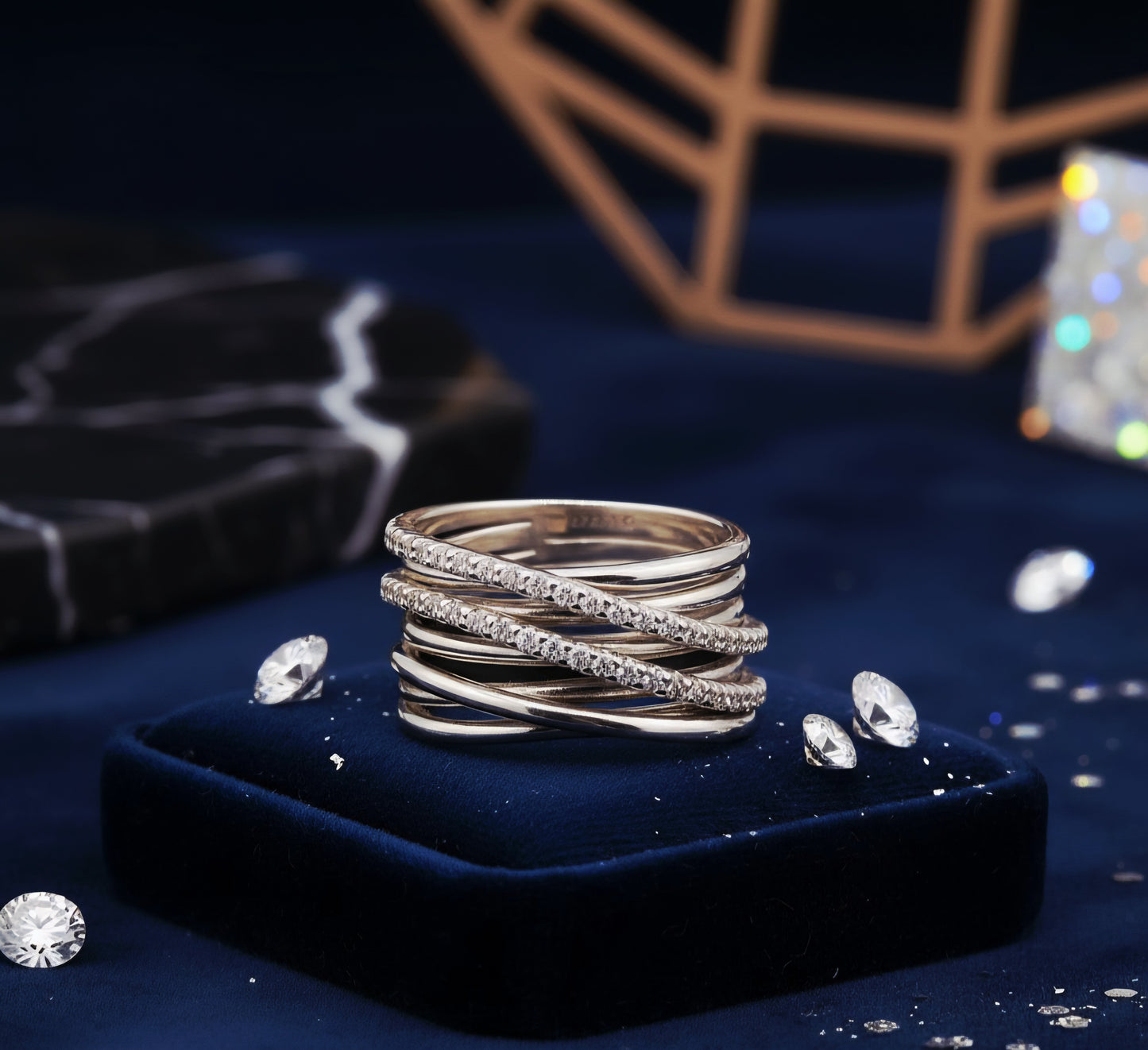 “Luxe Criss-Cross Starlight Ring"  – Multi-Band Radiance in 925 Silver