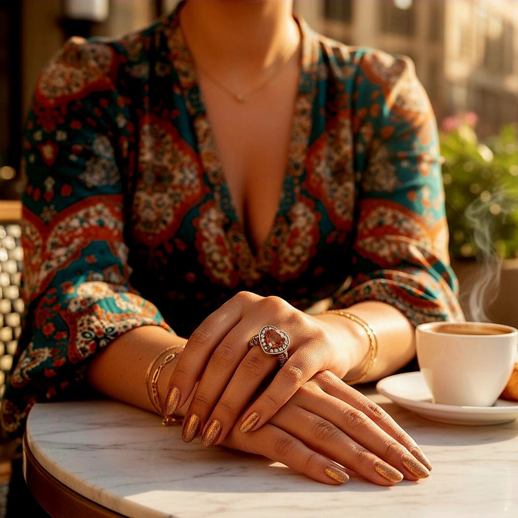“Golden Heart Halo Ring" – Warm Citrine Glow in 925 Silver Filigree