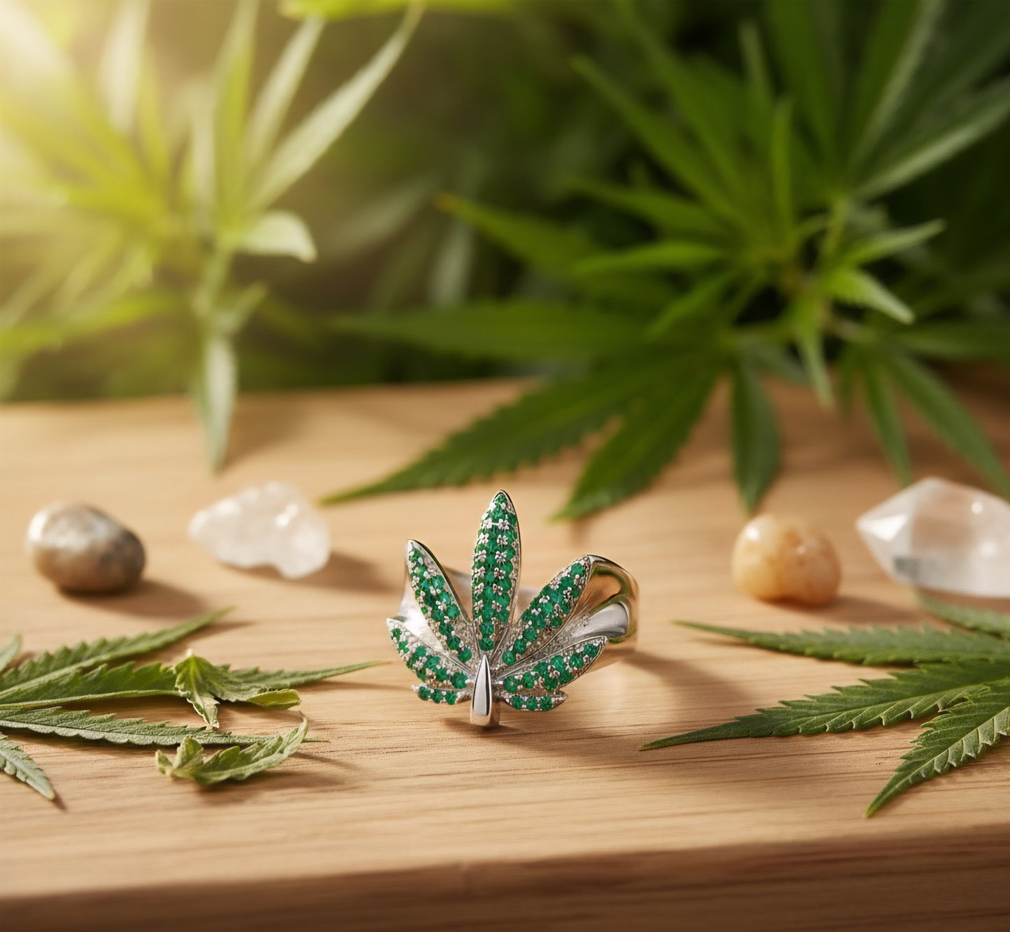 Emerald Aura Leaf Ring - 925 Sterling Silver