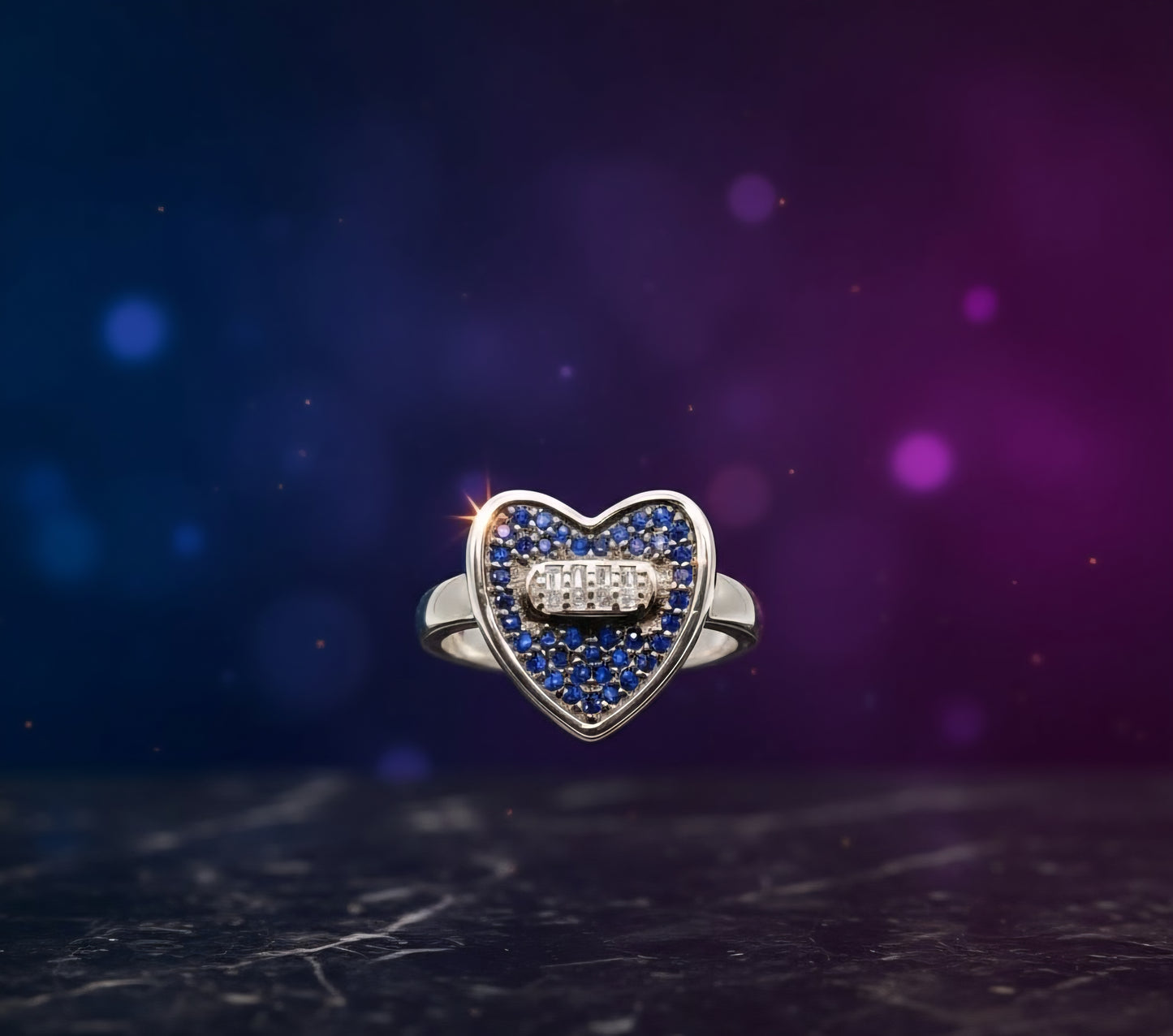 Sapphire Blue Heart Pave Ring with Baguette Accent – 925 Sterling Silver