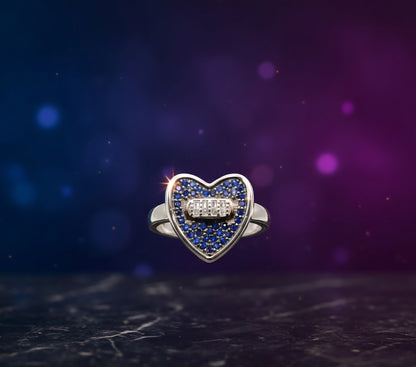 Sapphire Blue Heart Pave Ring with Baguette Accent – 925 Sterling Silver
